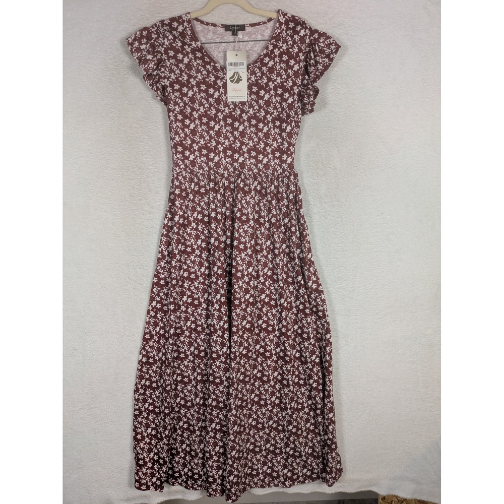 NEW Lyrur Maxi Dress Women's S Burgundy Floral V-Neck Ruffle Sleeve Pockets